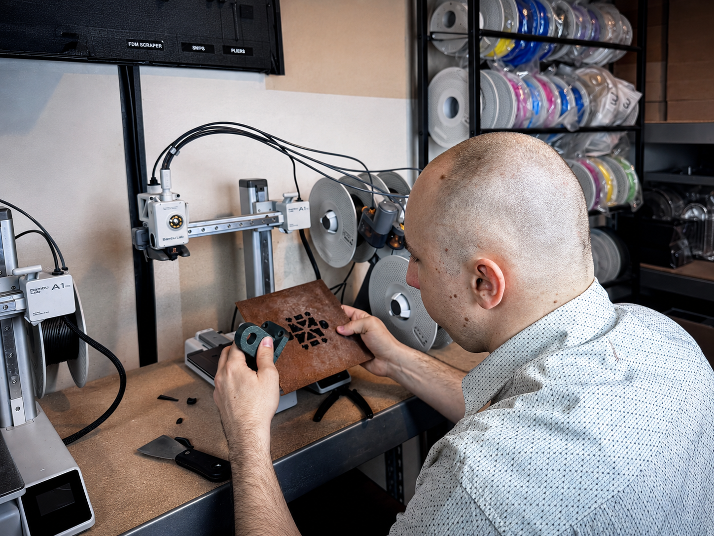 James inspecting a manufactured component beside FDM printers